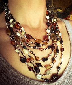 Malala Glass, Agate and Bone Necklace in Black Tones