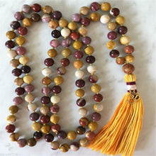 Load image into Gallery viewer, Mookaite Jasper Mala Prayer Bead Necklace with Tassel and Brass Om Charm