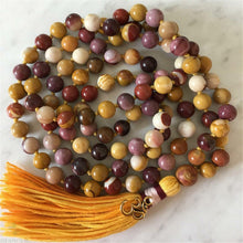 Load image into Gallery viewer, Mookaite Jasper Mala Prayer Bead Necklace with Tassel and Brass Om Charm