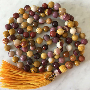 Mookaite Jasper Mala Prayer Bead Necklace with Tassel and Brass Om Charm