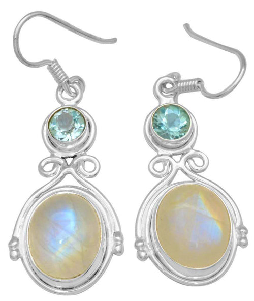 Rainbow Moonstone Earrings with Faceted Natural Blue Topaz Dangle Earrings in Silver