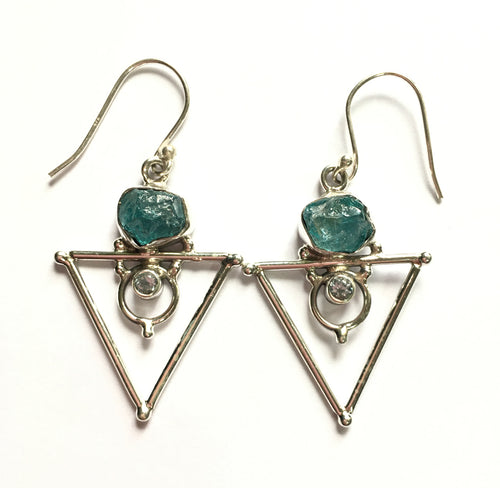 Apatite Earrings Raw Neon Blue with Blue Topaz accents