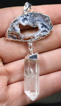 Load image into Gallery viewer, Brazilian Oco Geode Black Agate Druzy Slice and Quartz Point Pendant with Sterling Silver