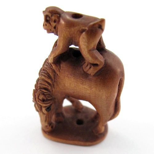 Monkey on Horse Bead Boxwood Ojime Bead