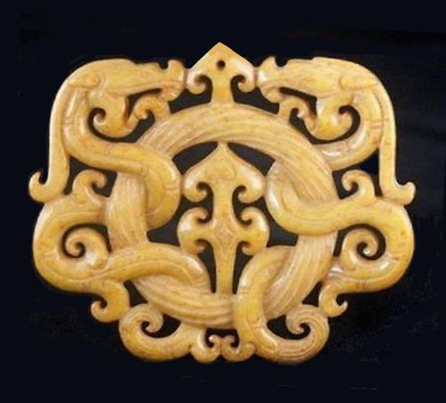 Jade Medallion - Old, Double-Sided Yellow Medallion of Dragons Entwining a Wreath