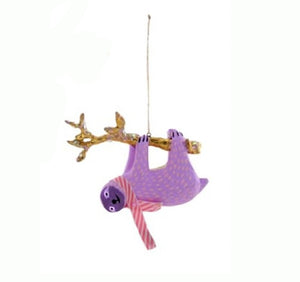 Lavender Pastel Sloth Ornament with striped scarf