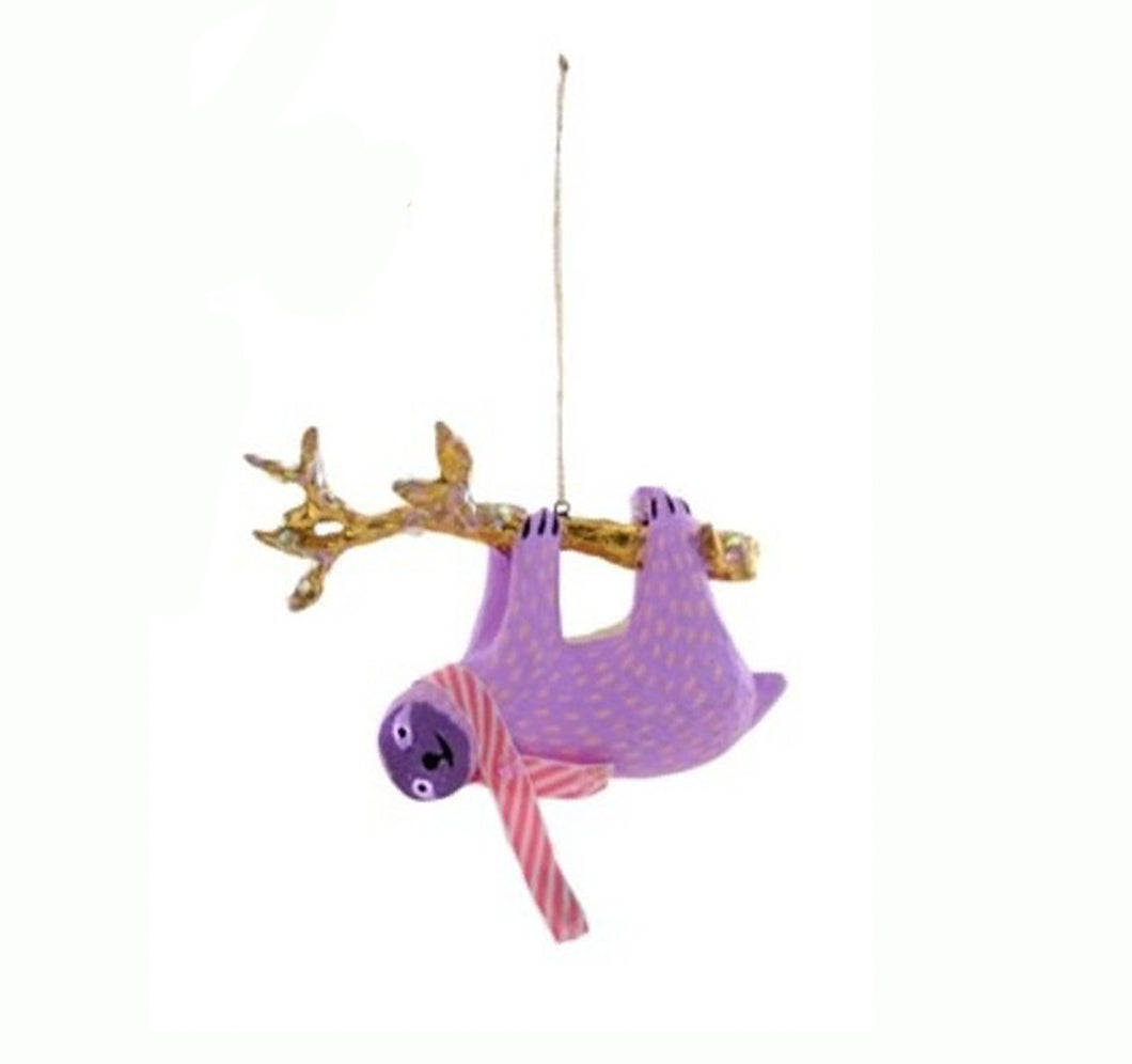 Lavender Pastel Sloth Ornament with striped scarf