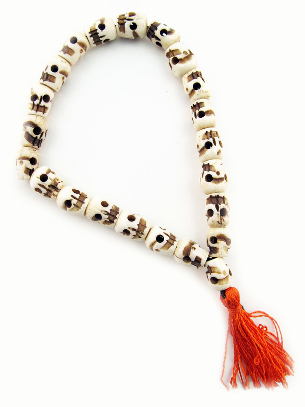 Skull Bracelet of Yak Bone Beads with Orange Cotton Tassel Small