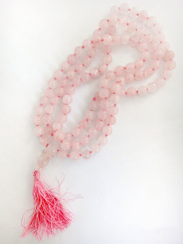 Rose Quartz Prayer Beads Mala with Short Pink Tassel 7.5mm Hand-Knotted Beads