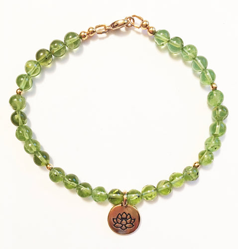 Peridot Bracelet with Lotus Charm - August Birthstone Bracelet