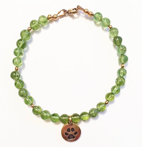 Peridot Bracelet with Dog Paw Print Charm - August Birthstone Bracelet