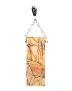 Picasso Stone Pendant  in Autumn hues in rectangular tile shape with silver chain bail