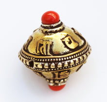 Load image into Gallery viewer, Tibetan Brass and Copper Prayer Wheel Bead with Coral Accents Inscribed: Om Mani Padme Hum - The jewel in the heart of the lotus.