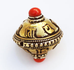 Tibetan Brass and Copper Prayer Wheel Bead with Coral Accents Inscribed: Om Mani Padme Hum - The jewel in the heart of the lotus.
