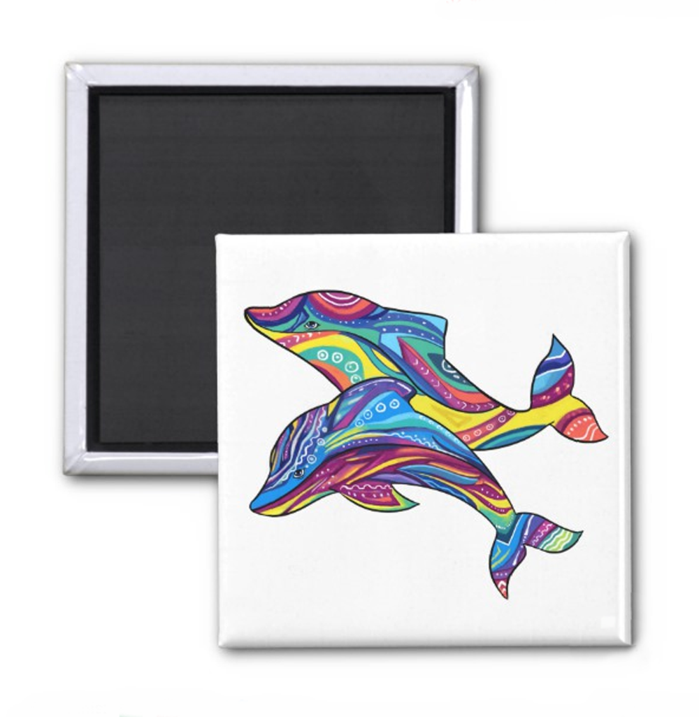 Psychedelic Dolphins Square Refrigerator Magnet by Kyle MacDuggall