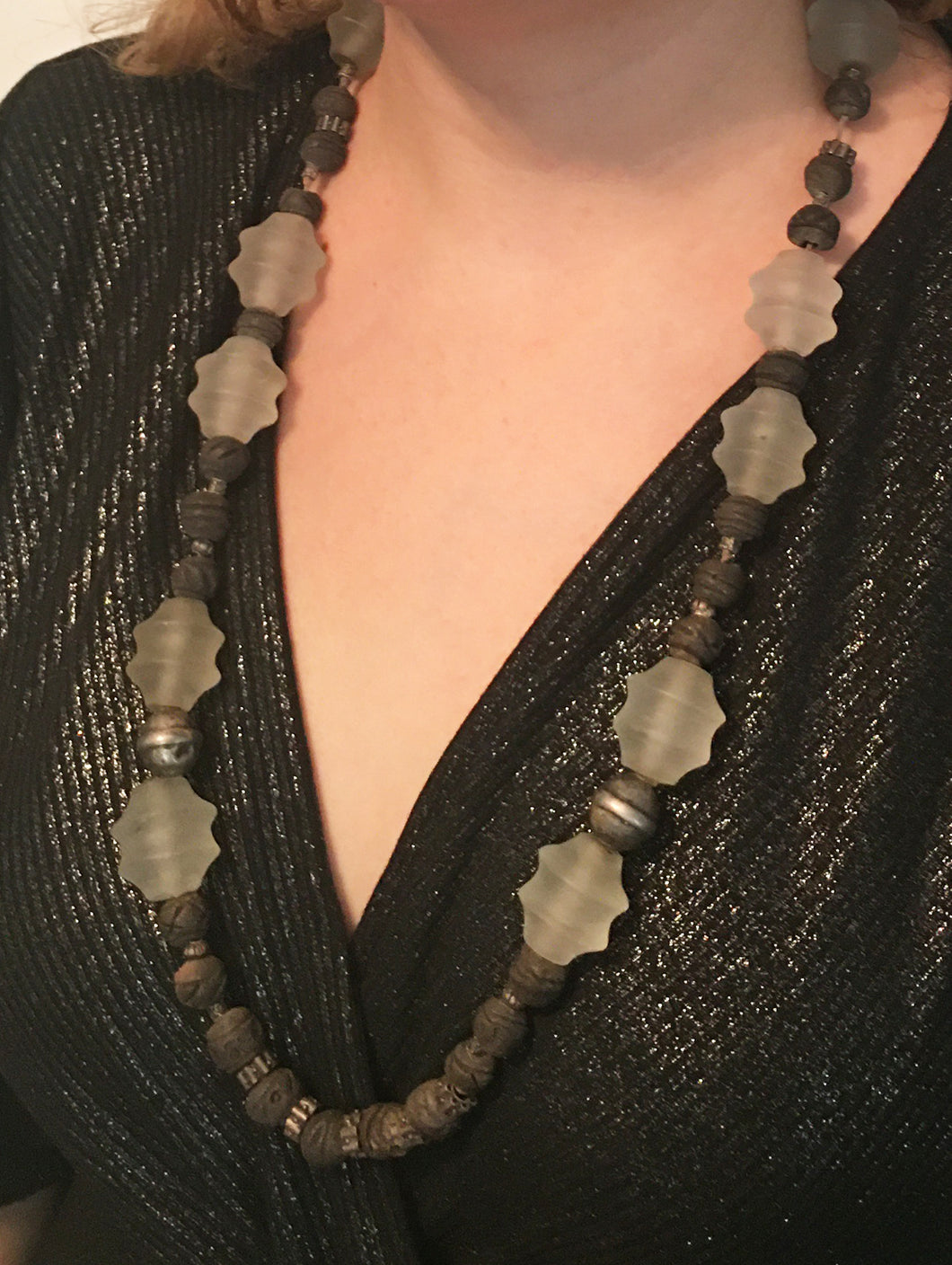 Vintage Necklace of Dutch beads, silver and black Raku beads
