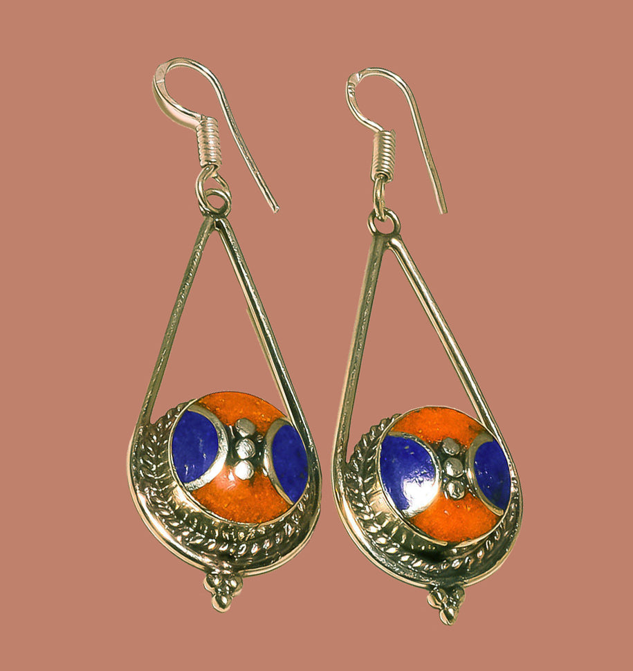 Lapis Lazuli Earrings with Red Coral Nepalese Sterling Silver Priestess Moon Earrings