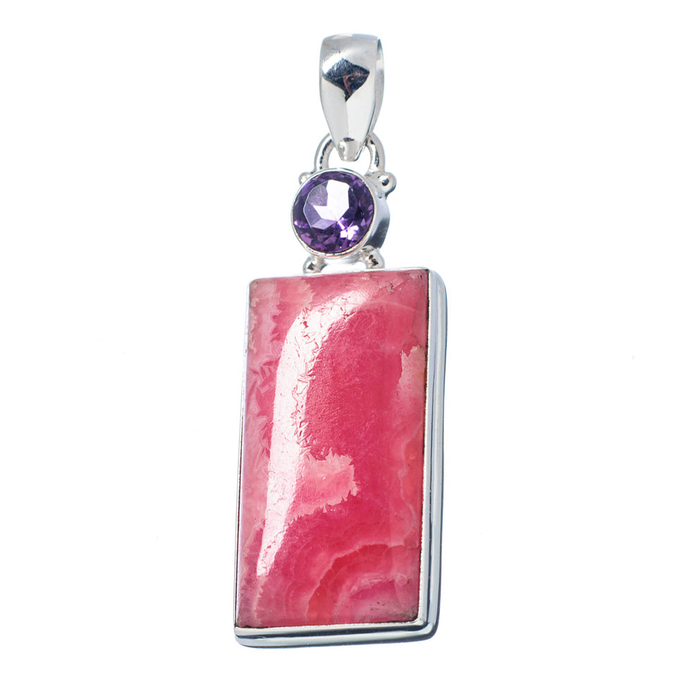 Rhodochrosite Pendant with faceted Round Brazilian Amethyst  - a master balancing crystal