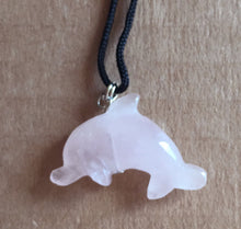Load image into Gallery viewer, Rose Quartz Dolphin Pendant Necklace on Black Cord aka Dolphin Fetish