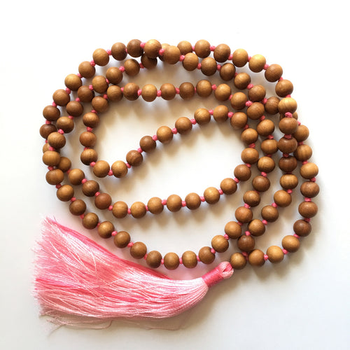 Sandalwood 8mm Knotted Mala with Pink Silk Tassel