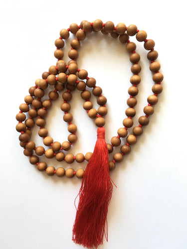 Sandalwood Mala 10mm Beads with Red Silk Tassel