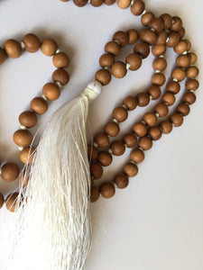 Sandalwood Mala 8mm bead knotted with white silk tassel