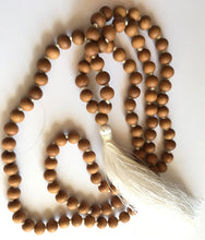 Load image into Gallery viewer, Sandalwood Mala 8mm bead knotted with white silk tassel