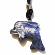 Load image into Gallery viewer, Sodalite Dolphin Pendant Necklace on Black Cord aka Dolphin Fetish