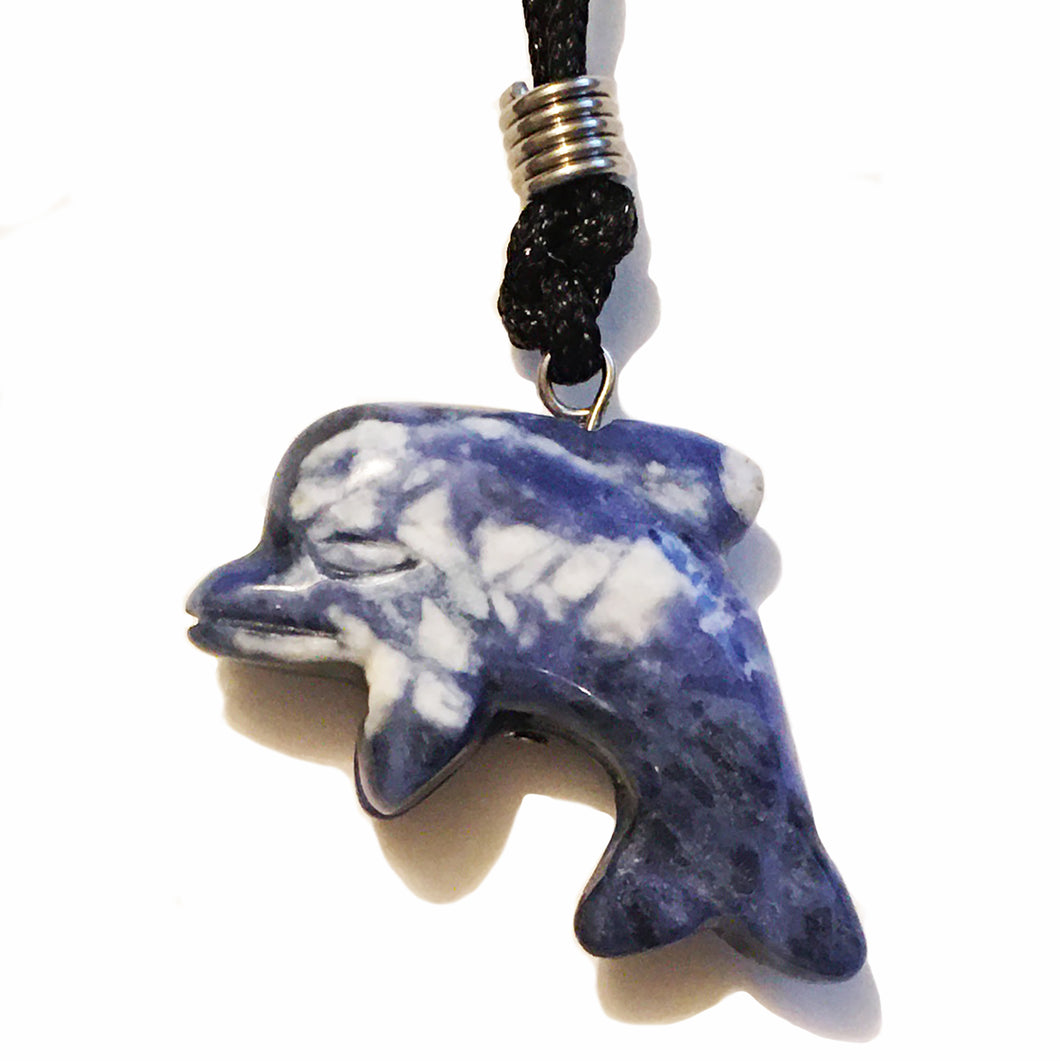 Sodalite Dolphin Pendant Necklace on Black Cord aka Dolphin Fetish