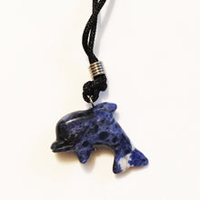 Load image into Gallery viewer, Sodalite Dolphin Pendant Necklace on Black Cord aka Dolphin Fetish