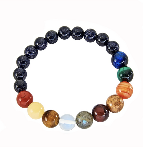 Solar System Gemstone Bead Elastic Bracelet 6-1/2