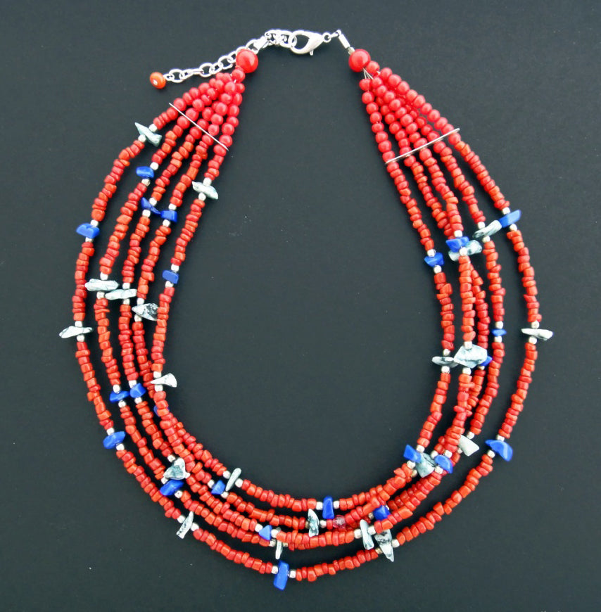 Desert Journey Necklace of Red Glass Beads, Lapis and White Brass