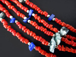 Desert Journey Necklace of Red Glass Beads, Lapis and White Brass