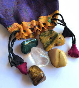Success Stones starter crystal kit of five stones in a silk sari drawstring pouch