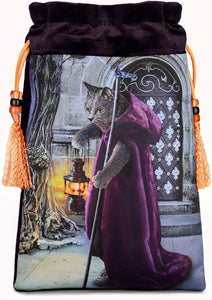 The Hermit Cat Baroque Bohemian Drawstring Tarot Bag made from Vietnamese Silk - Silver Version