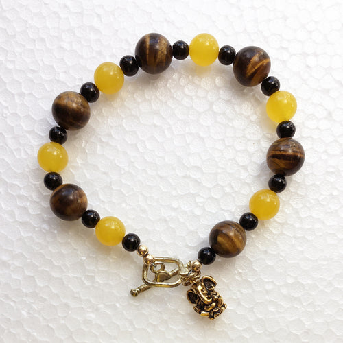 Yellow Jade and Golden Tiger's Eye Bracelet with Brass Ganesh Charm Men's XL