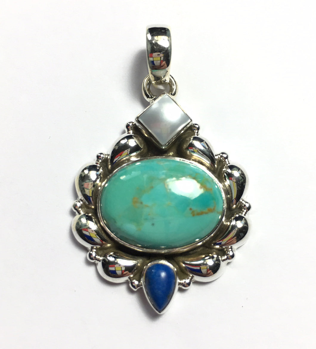 Turquoise Pendant with Lapis Lazuli Accent Silver Medallion