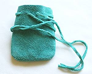 Suede Leather Drawstring Pouch in Teal Green