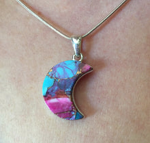 Load image into Gallery viewer, Turquoise Pendant Natural Kingman Pink Dahlia Crescent Moon