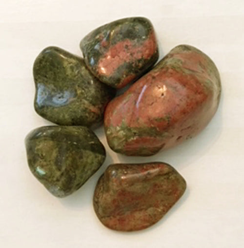 Unakite natural tumbled stones by the quarter pound.