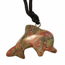 Load image into Gallery viewer, Unakite Dolphin Pendant Necklace on Black Cord aka Dolphin Fetish