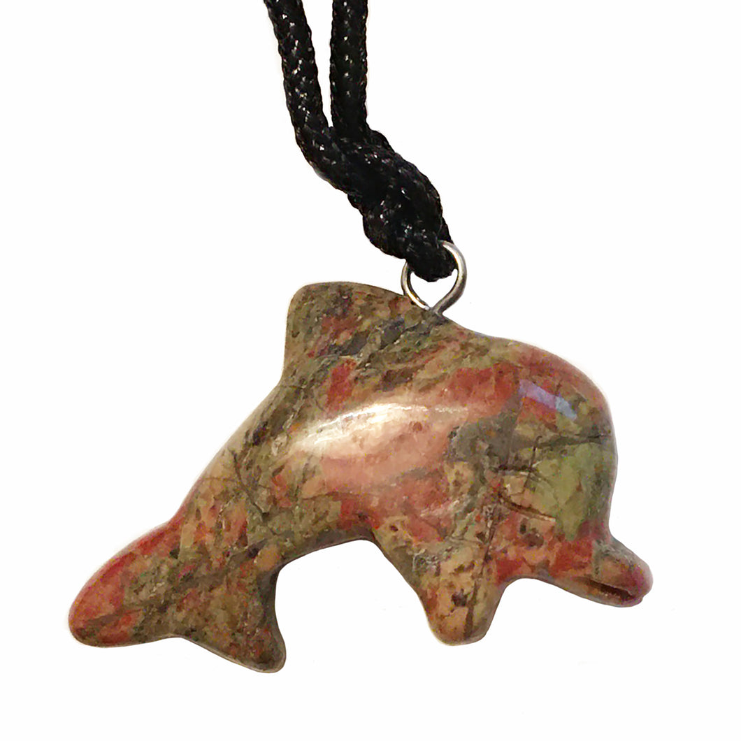 Unakite Dolphin Pendant Necklace on Black Cord aka Dolphin Fetish