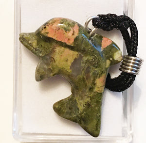Unakite Dolphin Pendant Necklace on Black Cord aka Dolphin Fetish