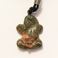 Load image into Gallery viewer, Unakite Frog Amulet on Black Cord aka Frog Fetish in Larger Size