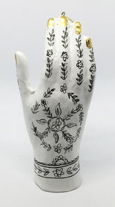 Henna Hand in White with Black Mehndi Design and Gold Nails Ornament
