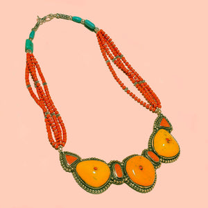 Yellow and Red Coral Bib Necklace with Turquoise in Tibetan Silver