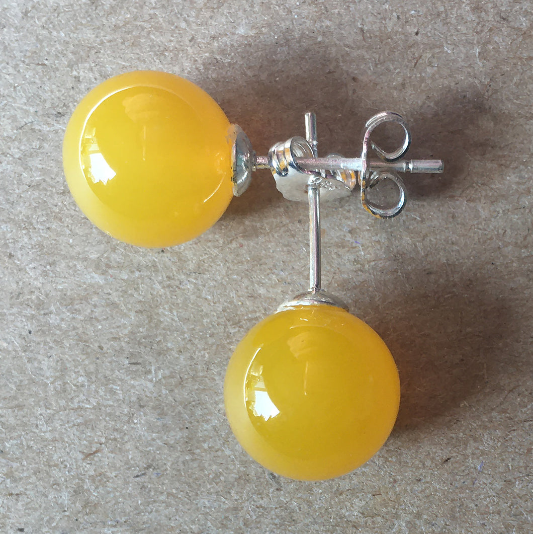 Yellow Jade Earrings 10mm Ball Sterling Silver Studs